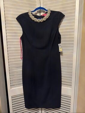 Betsey Johnson Black Midi Sheath Dress with Jeweled Collar